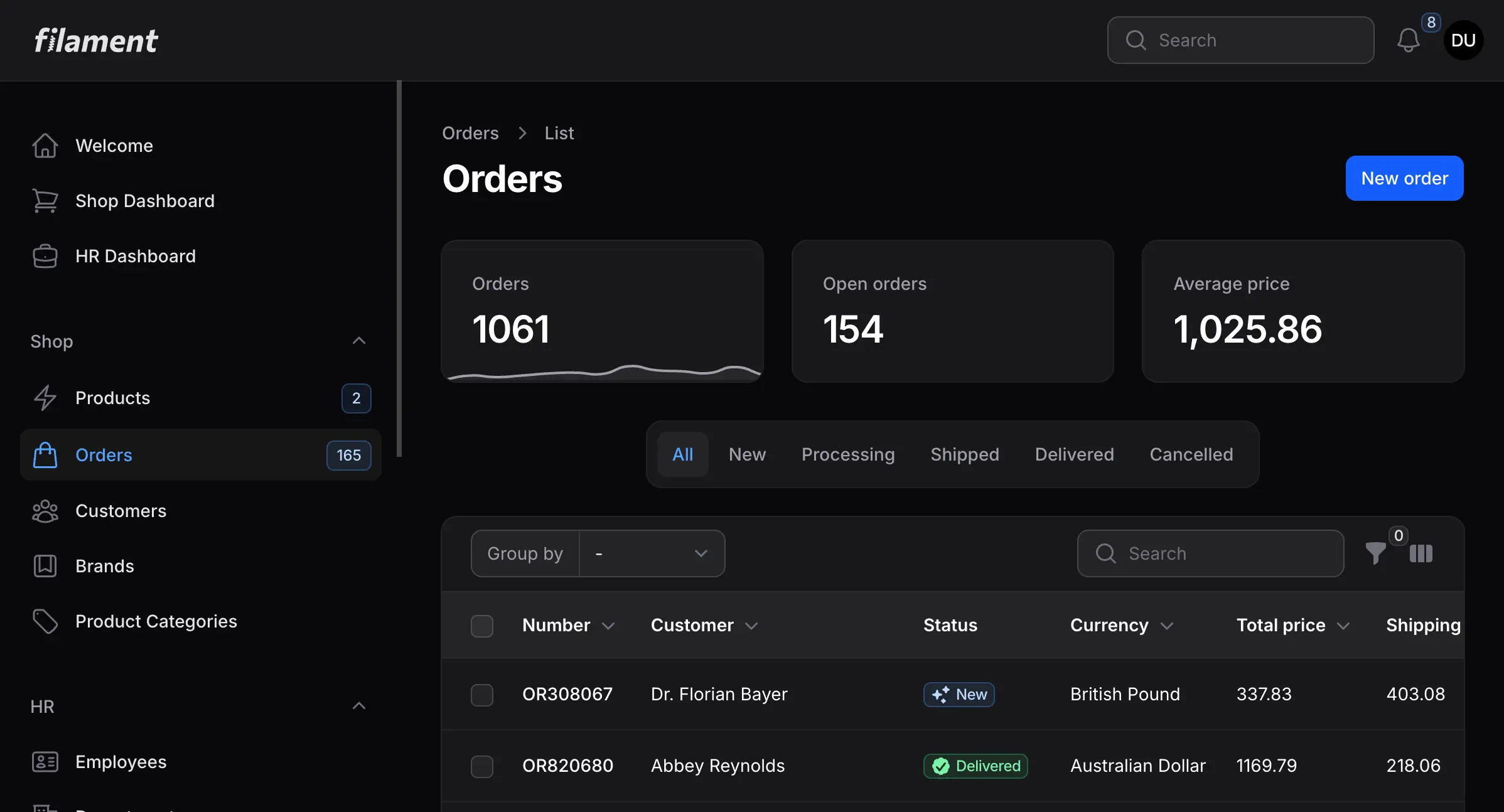 Screenshot of Filament v5 demo application showing the admin panel interface with dark theme